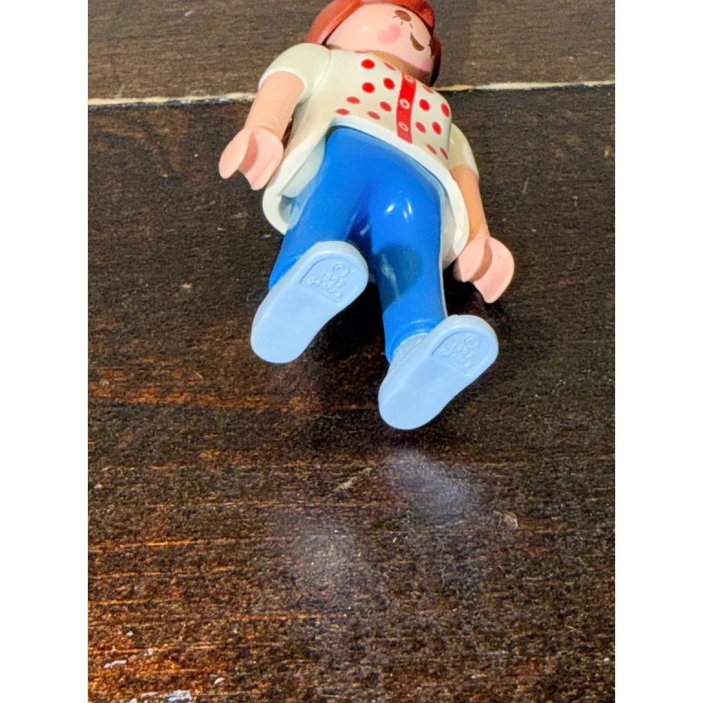 Playmobil Female Figure‎ Brown Hair Polka Dot Shirt Blue Pants Vintage Toy